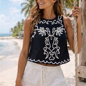 Rachel Zoe black/cream linen Embroidered Sleeveless Top boho vacation style L